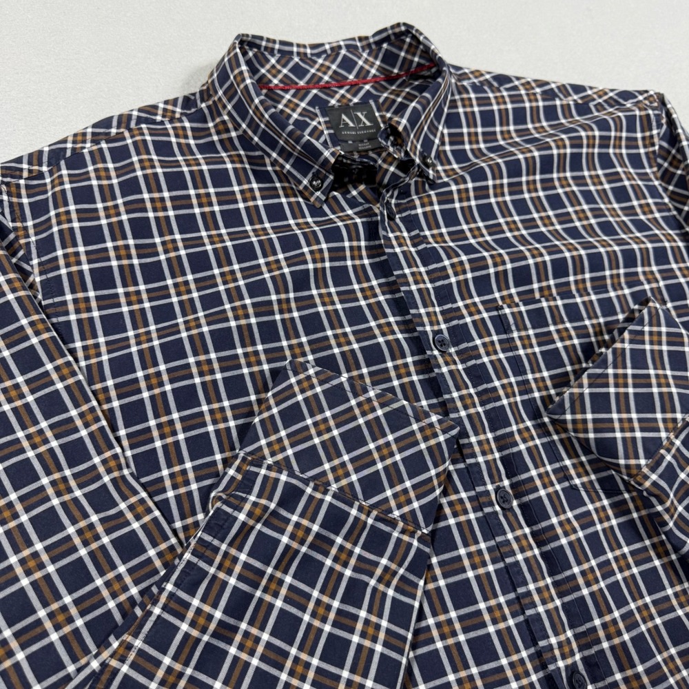 Armani Exchange Mens Navy Brown Plaid Long Sleeve Button Down Shirt XL